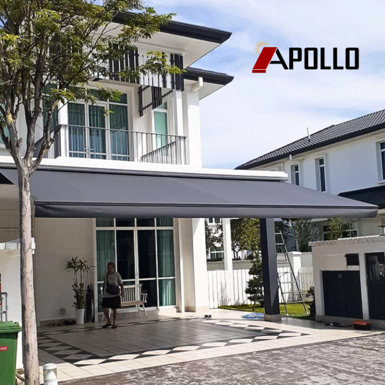 Gray Retractable Awning For Home With Apollo Awning Logo